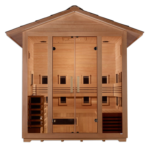 Golden Designs Gargellen 5 Person Hybrid (PureTech™ Full Spectrum IR or Traditional Stove) Outdoor Sauna - Canadian Hemlock