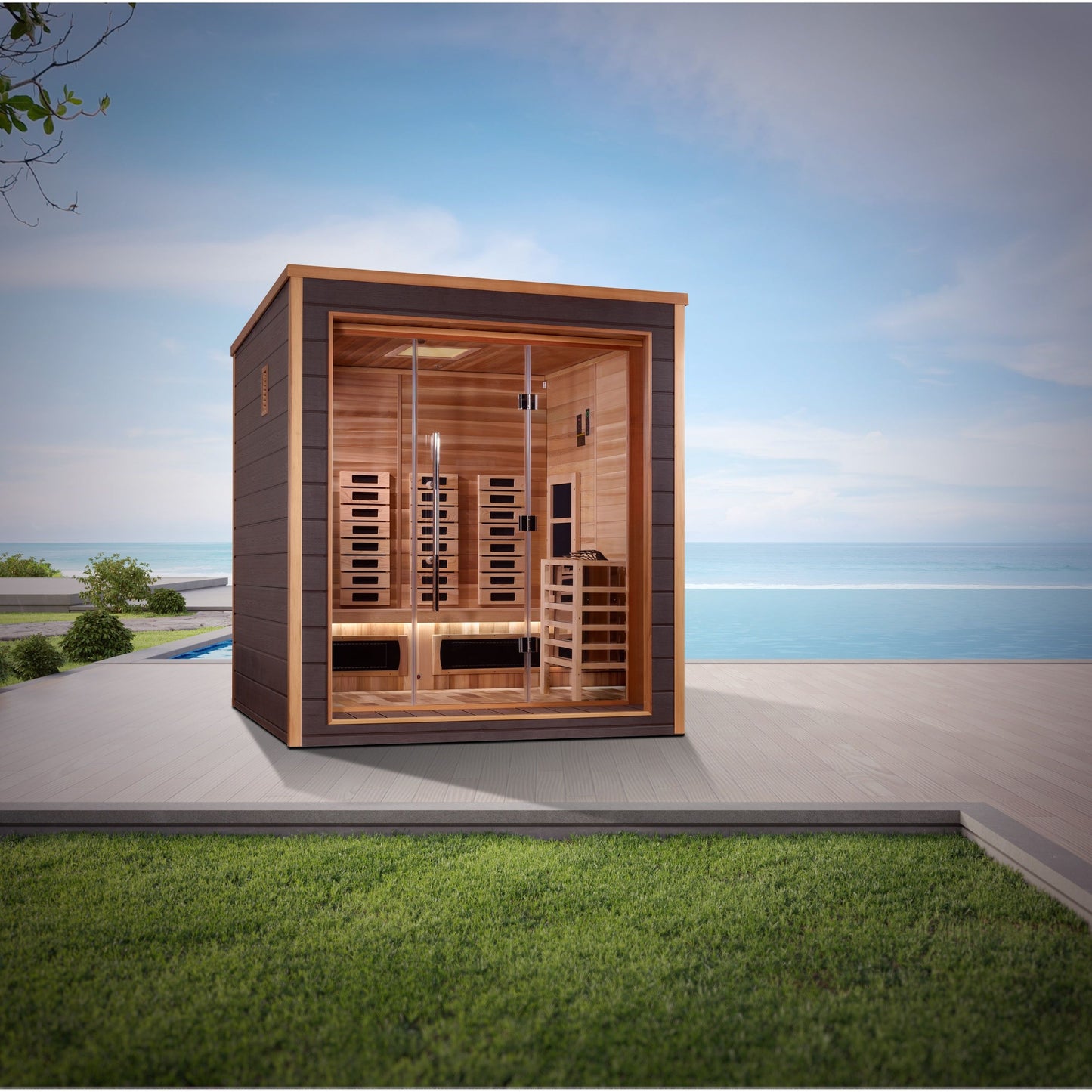 Golden Designs Visby 3 Person Outdoor-Indoor PureTech™ Hybrid Full Spectrum Sauna - Canadian Red Cedar Interior