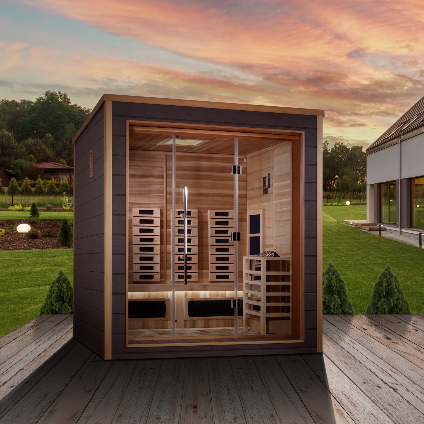 Golden Designs Visby 3 Person Outdoor-Indoor PureTech™ Hybrid Full Spectrum Sauna - Canadian Red Cedar Interior