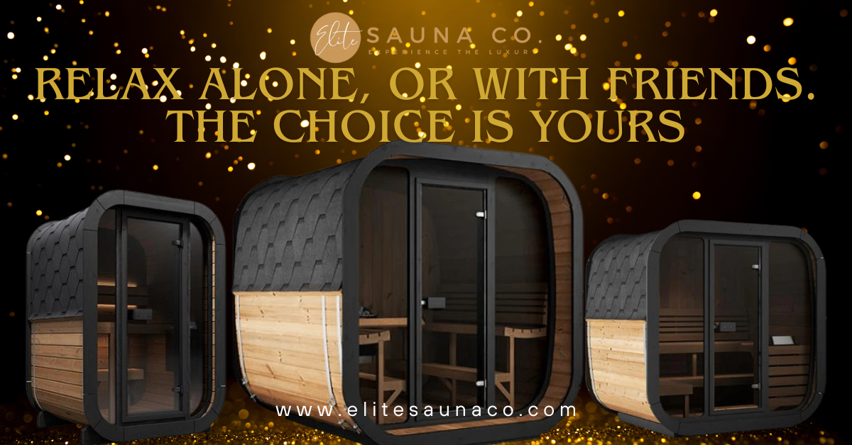 Three sauna pods with a promotional message for Elite Sauna Co. on a dark background.