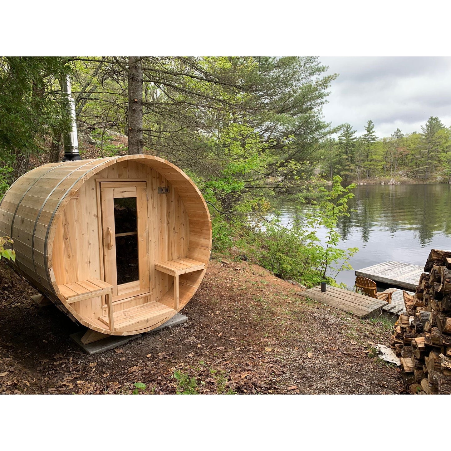 Leisurecraft Sauna Karhu Wood Burning Sauna Heater with Rocks and Chimney & Heat Shield Set for Out of the Back Wall ($2327) Leisurecraft CT Serenity Barrel Sauna - 4 person